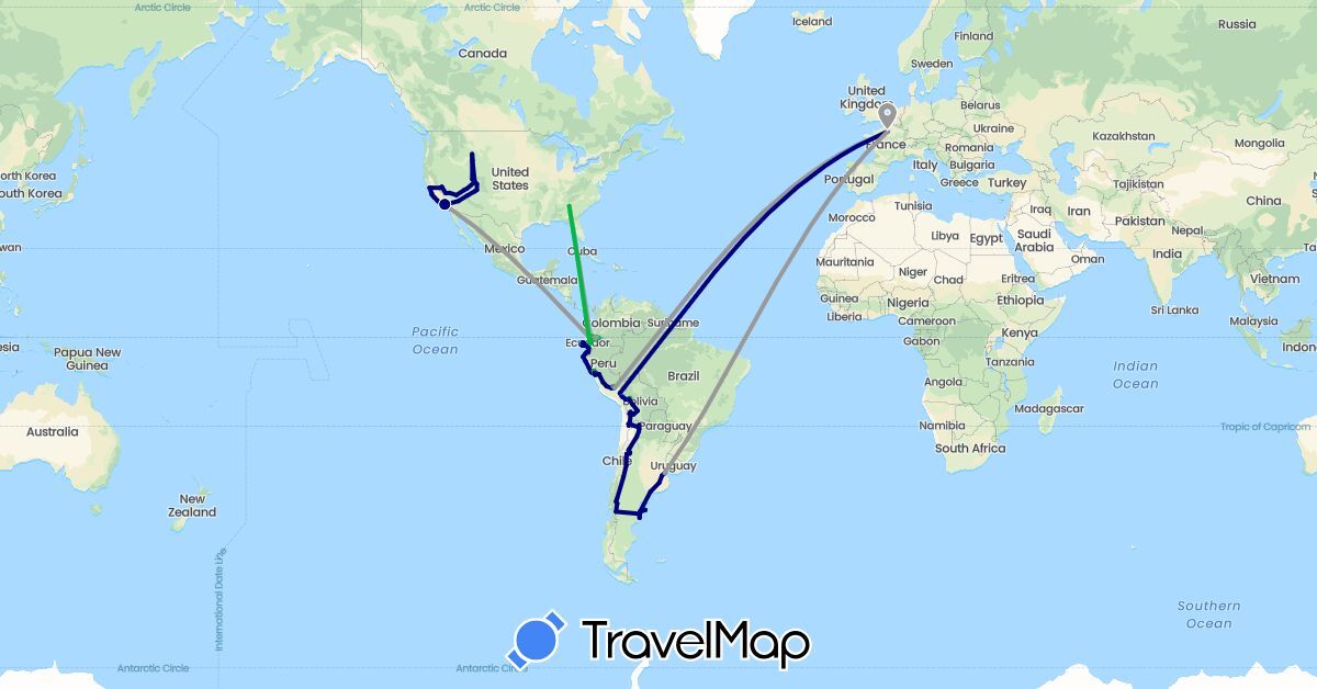 TravelMap itinerary: driving, bus, plane, cycling, train, hiking, boat in Argentina, Bolivia, Chile, Ecuador, France, Peru, United States (Europe, North America, South America)
